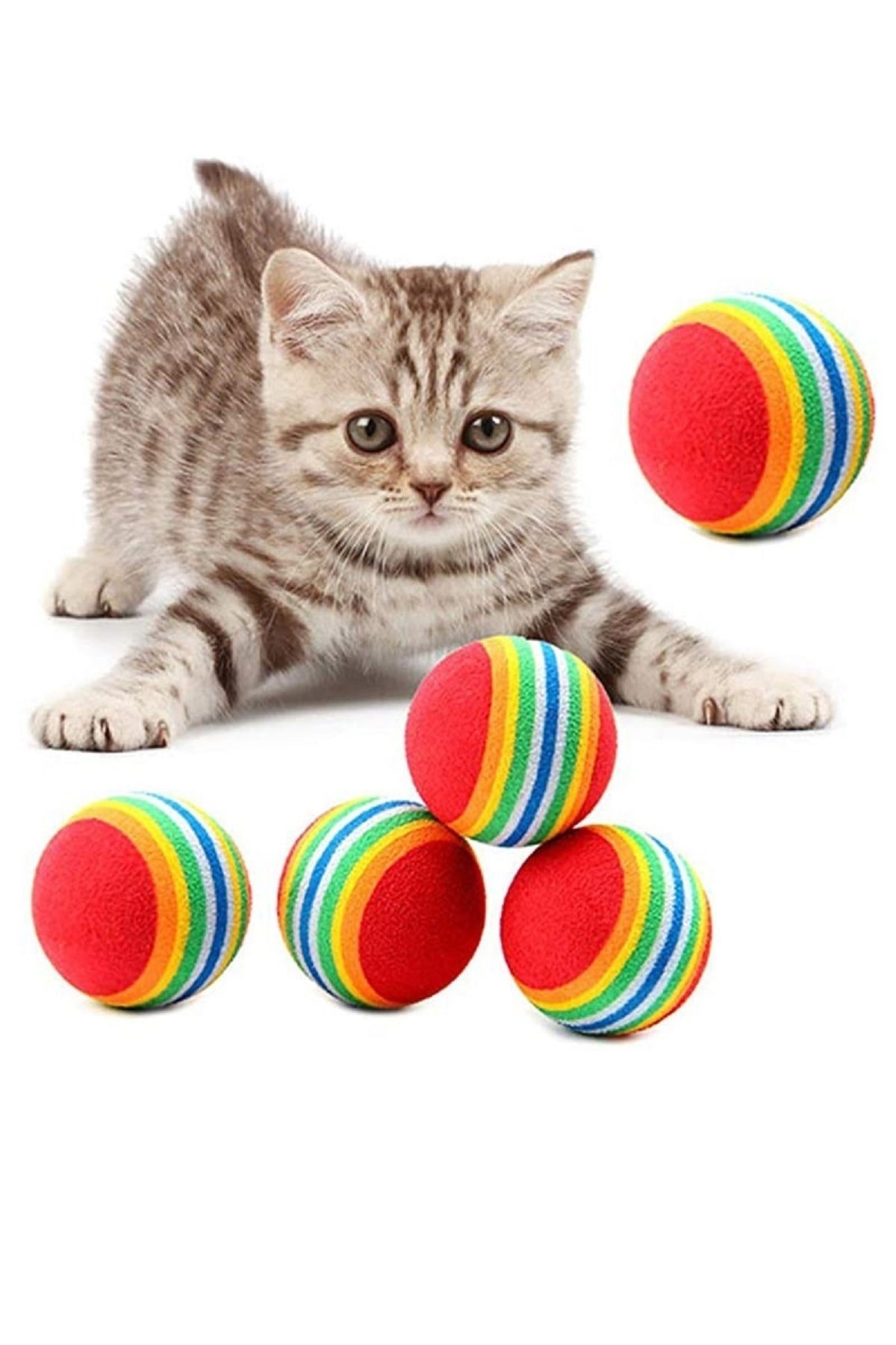 Gökkuşağı Sünger Kedi Çiğneme Oyun Topu 4,2 Cm Diş Çıkarma Interaktif Oyuncak 2 Adet