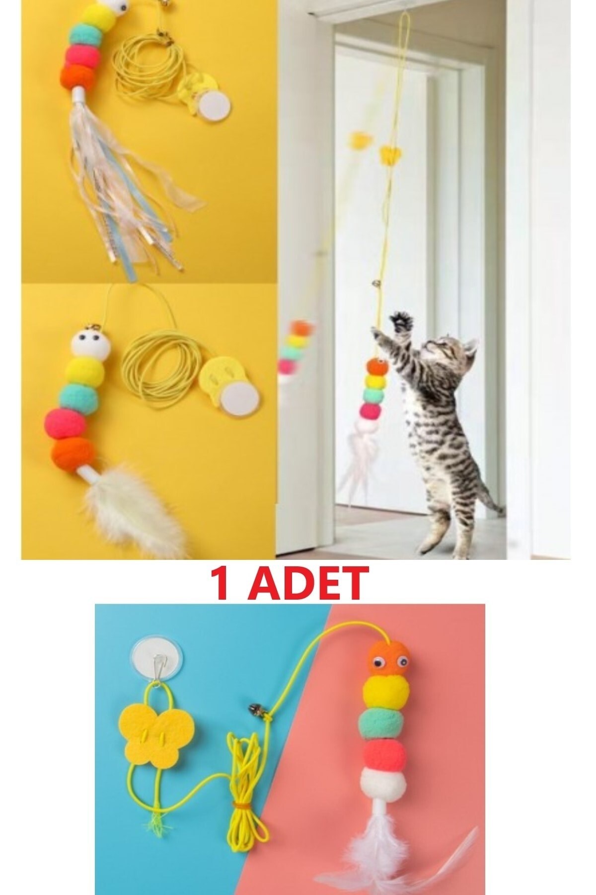 Elastik Esnek Kendinden Yapışkanlı Renkli Kedi Oyun Eğitim Oltası 